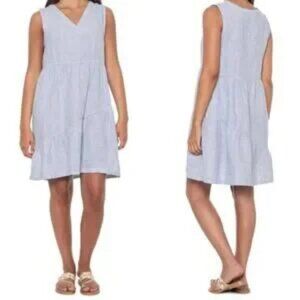 Lucky Brand Dress Linen Women’s V-Neck Sleeveless Striped Tiered Blue White Sz X